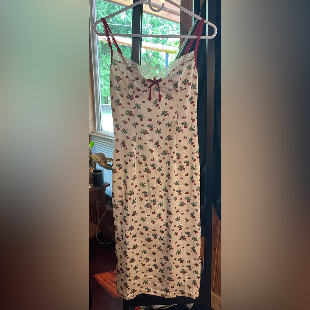 Red and Cream A-Line Midi Dress with Strawberry Print and Lace on Front